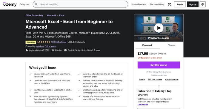 Excel beginners to advanced Udemy