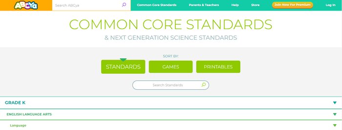 ABCya common core standards screen