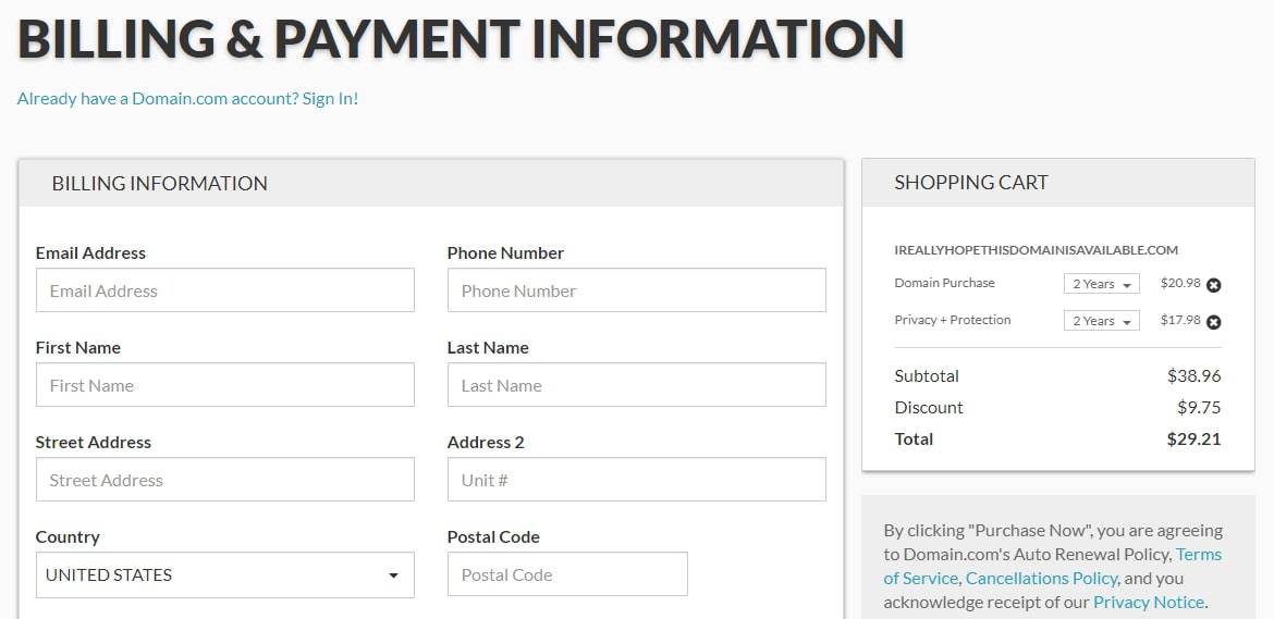 Billing for a domain name with Domain.com