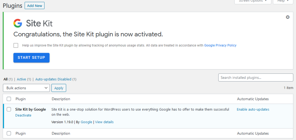 start google site kit setup