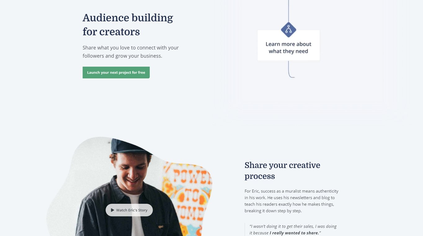 Convertkit include testimonials and calls to action alongside their images.